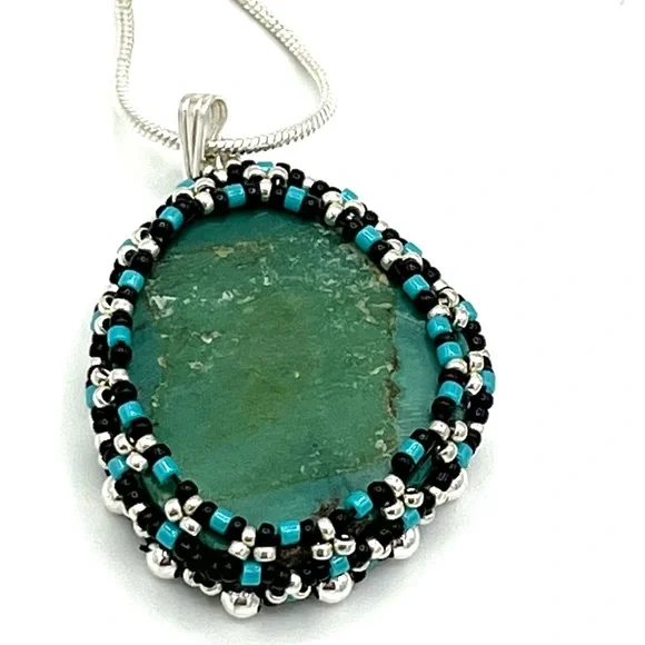 HAND CRAFTED Aqua Agate Bezeled Pendant Necklace - Picture 6 of 7